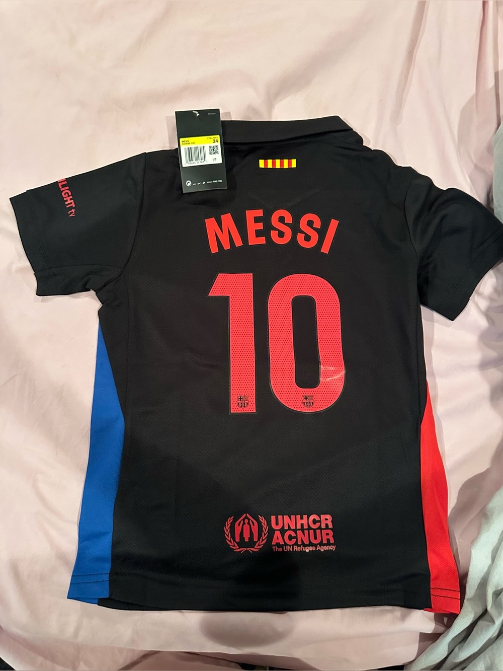 MESSI #10 Black Soccer Jersey with Blue & Red Panels size 24 (youth size 8)